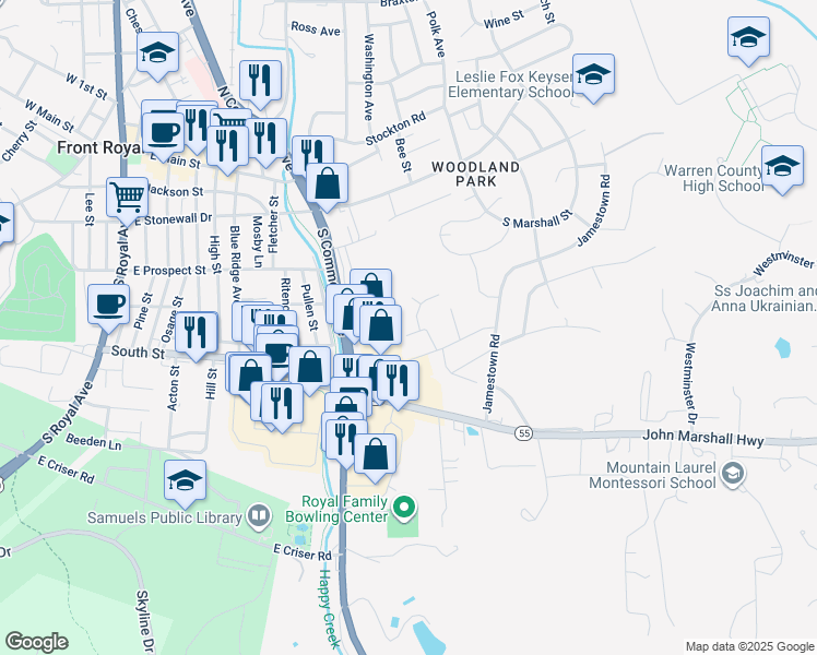 map of restaurants, bars, coffee shops, grocery stores, and more near 6 Beau Lane in Front Royal