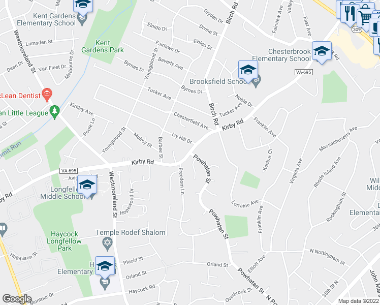 map of restaurants, bars, coffee shops, grocery stores, and more near Kirby Rd & Powhatan St in McLean