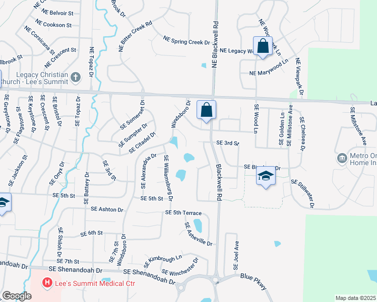 map of restaurants, bars, coffee shops, grocery stores, and more near 218 Southeast Windsboro Court in Lee's Summit