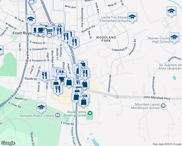 map of restaurants, bars, coffee shops, grocery stores, and more near 6 Beau Lane in Front Royal