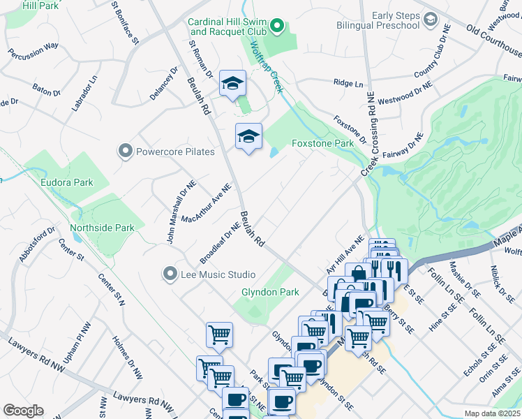 map of restaurants, bars, coffee shops, grocery stores, and more near 432 Druid Hill Road Northeast in Vienna