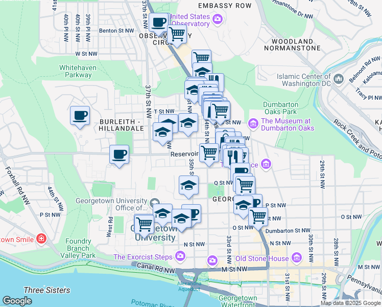map of restaurants, bars, coffee shops, grocery stores, and more near Reservoir Rd NW & 35th St NW in Washington