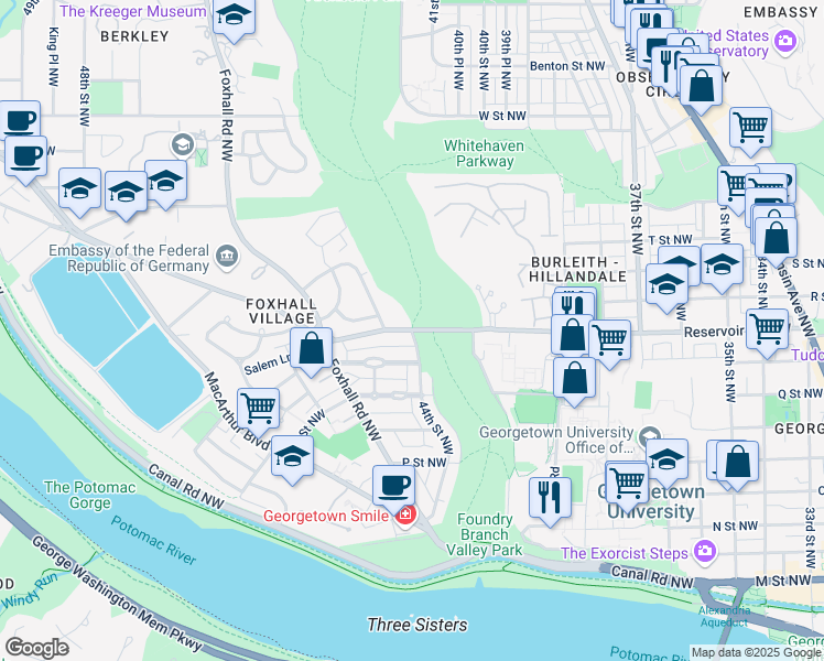 map of restaurants, bars, coffee shops, grocery stores, and more near Reservoir Rd NW & 44th St NW in Washington