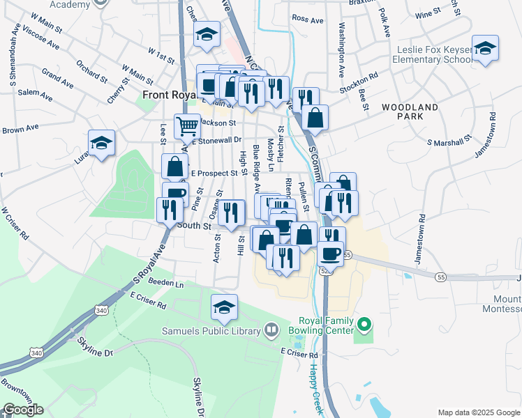 map of restaurants, bars, coffee shops, grocery stores, and more near 344 Blue Ridge Avenue in Front Royal