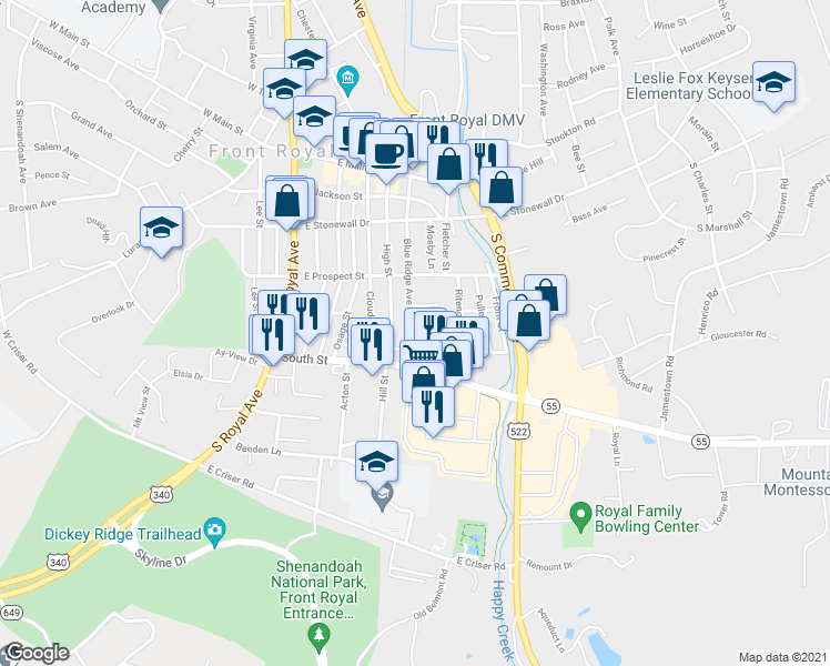 map of restaurants, bars, coffee shops, grocery stores, and more near 344 Blue Ridge Avenue in Front Royal