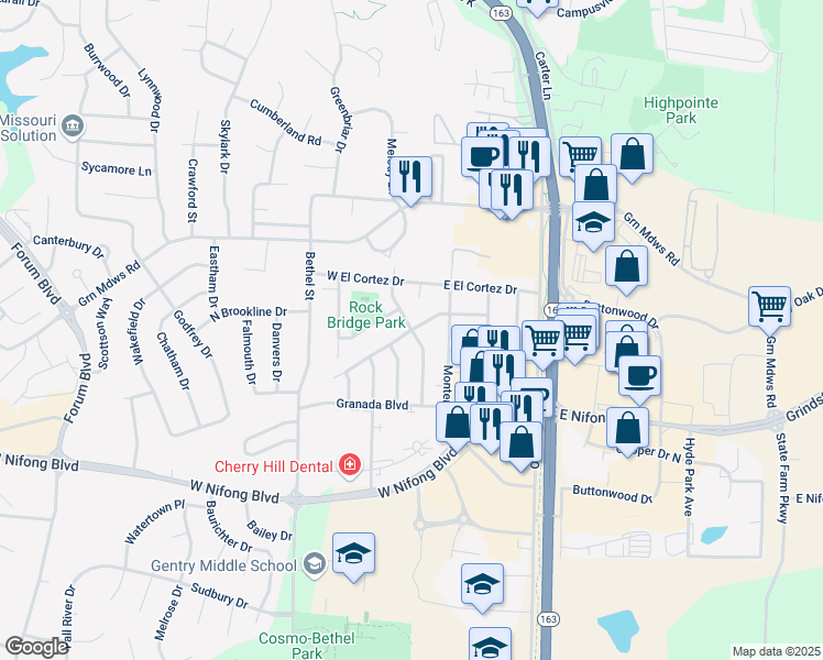 map of restaurants, bars, coffee shops, grocery stores, and more near 2 East Alhambra Drive in Columbia