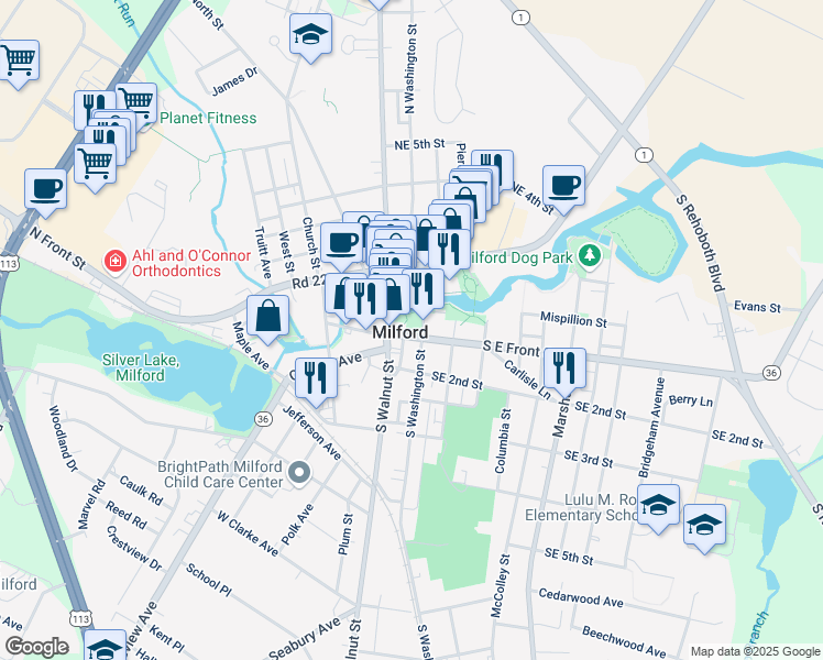 map of restaurants, bars, coffee shops, grocery stores, and more near 11 South East Front Street in Milford