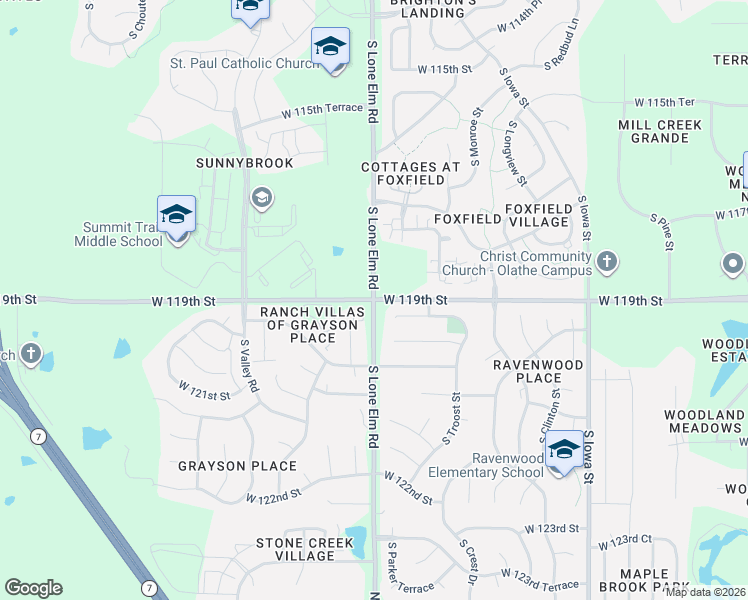 map of restaurants, bars, coffee shops, grocery stores, and more near South Lone Elm Road in Olathe
