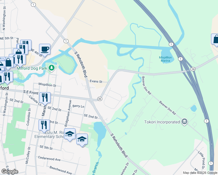 map of restaurants, bars, coffee shops, grocery stores, and more near 22 Cedar Beach Road in Milford
