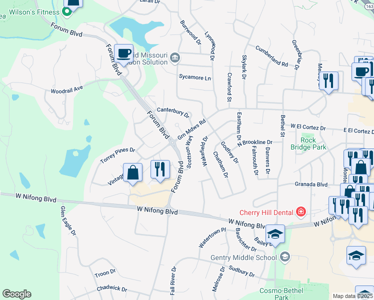 map of restaurants, bars, coffee shops, grocery stores, and more near Scottson Way in Columbia