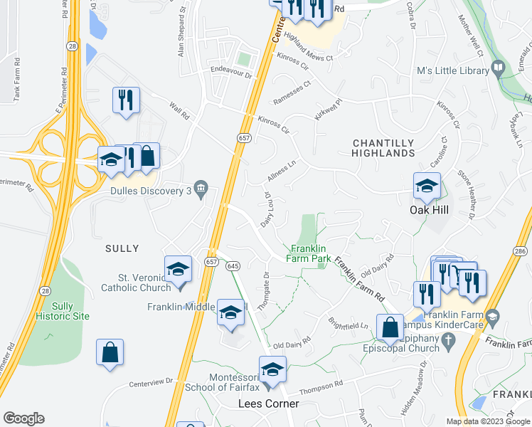 map of restaurants, bars, coffee shops, grocery stores, and more near 3322 Dairy Lou Drive in Herndon