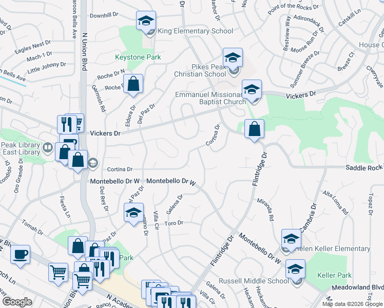 map of restaurants, bars, coffee shops, grocery stores, and more near 5590 Galena Drive in Colorado Springs