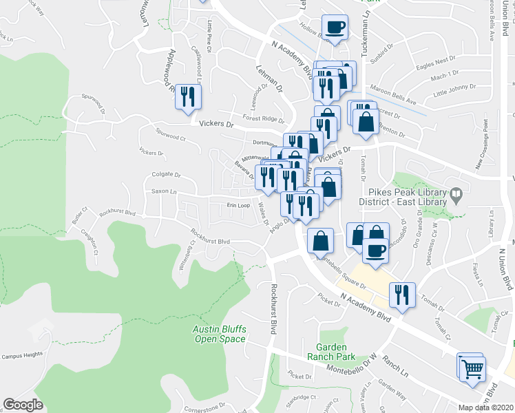 map of restaurants, bars, coffee shops, grocery stores, and more near 5644 North Academy Boulevard in Colorado Springs