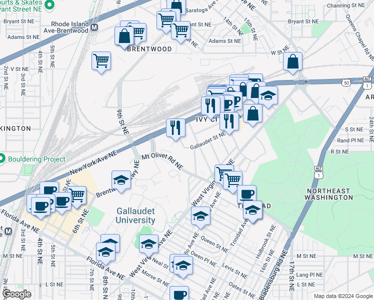 map of restaurants, bars, coffee shops, grocery stores, and more near 101 Independence Avenue Southeast in Washington