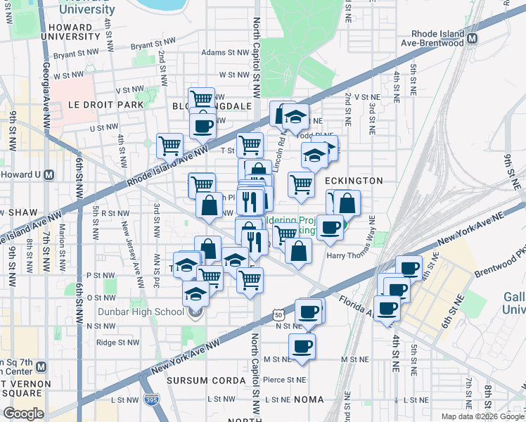 map of restaurants, bars, coffee shops, grocery stores, and more near 101 Independence Avenue Southeast in Washington