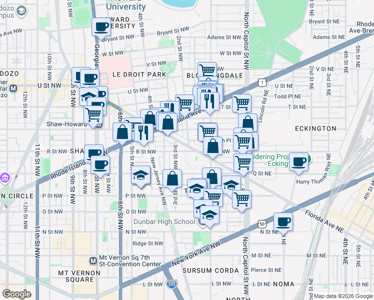 map of restaurants, bars, coffee shops, grocery stores, and more near 101 Independence Avenue Southeast in Washington