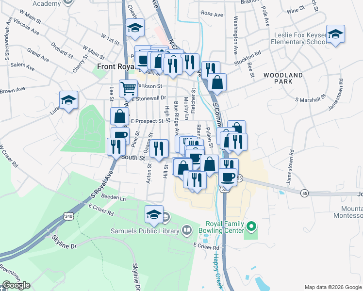 map of restaurants, bars, coffee shops, grocery stores, and more near 332 Blue Ridge Avenue in Front Royal