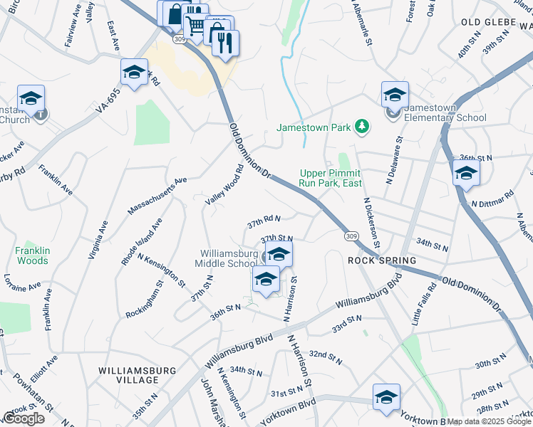map of restaurants, bars, coffee shops, grocery stores, and more near 5147 37th Road North in Arlington