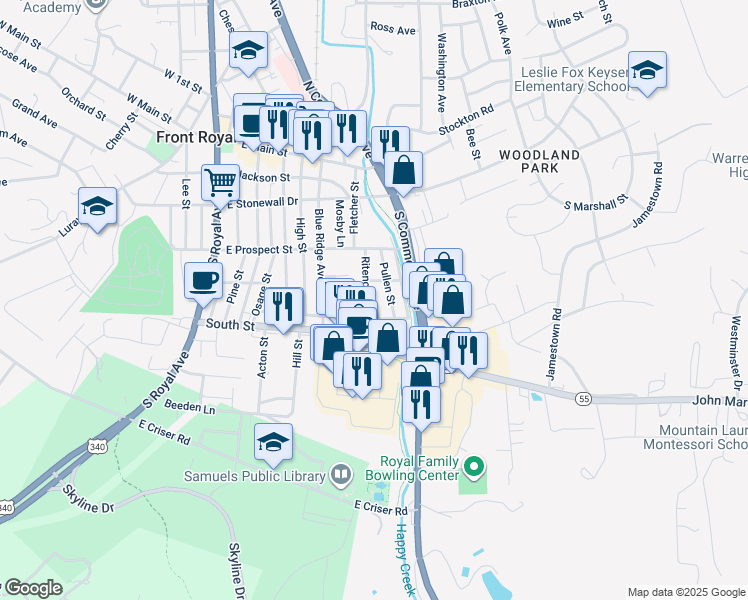 map of restaurants, bars, coffee shops, grocery stores, and more near 336 Ritenour Street in Front Royal