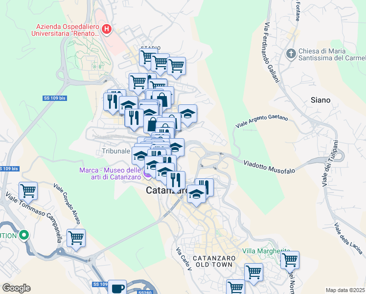 map of restaurants, bars, coffee shops, grocery stores, and more near Via Gaetano Alberti in Catanzaro