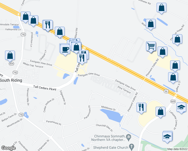 map of restaurants, bars, coffee shops, grocery stores, and more near 43893 Eastgate View Drive in Chantilly