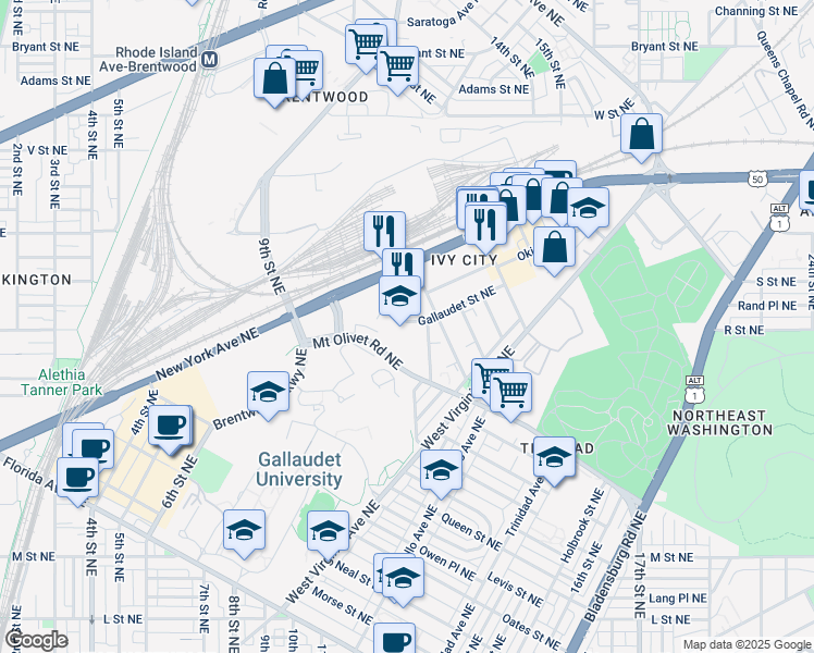 map of restaurants, bars, coffee shops, grocery stores, and more near 1302 Gallaudet Street Northeast in Washington