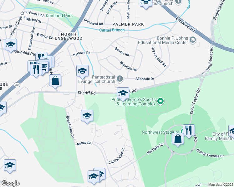 map of restaurants, bars, coffee shops, grocery stores, and more near 7854 Sheriff Road in Hyattsville