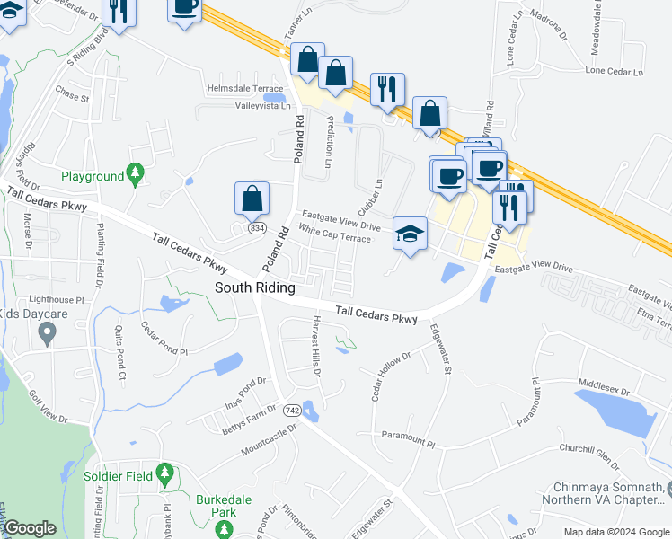 map of restaurants, bars, coffee shops, grocery stores, and more near McKay Terrace in Chantilly