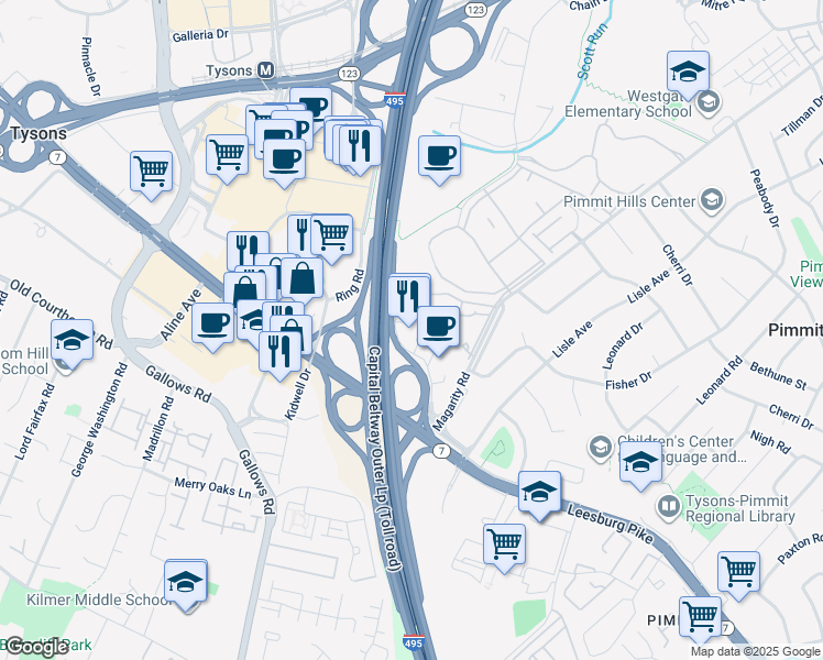 map of restaurants, bars, coffee shops, grocery stores, and more near 2000 Corporate Ridge in McLean