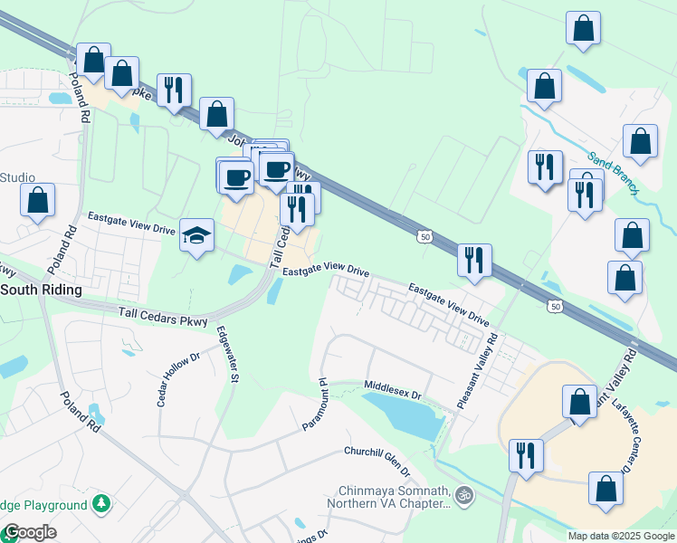 map of restaurants, bars, coffee shops, grocery stores, and more near 43891 Eastgate View Drive in Chantilly