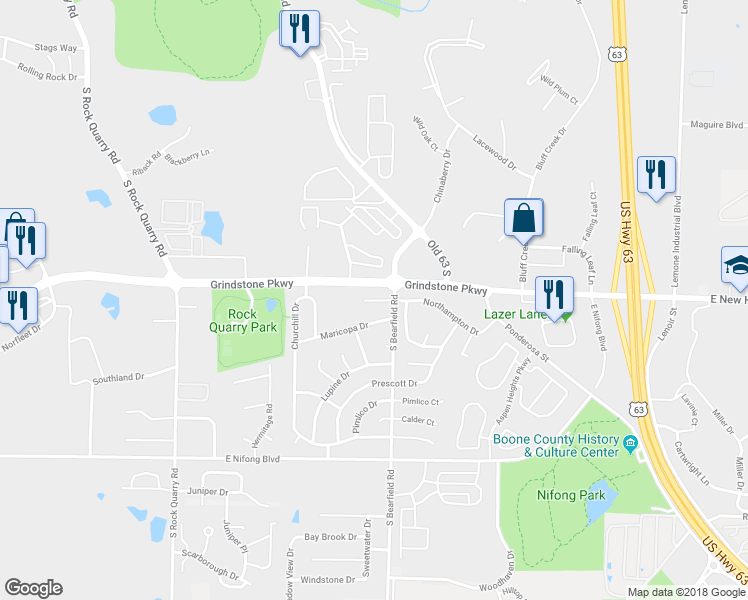 map of restaurants, bars, coffee shops, grocery stores, and more near 2312 Tempe Court in Columbia