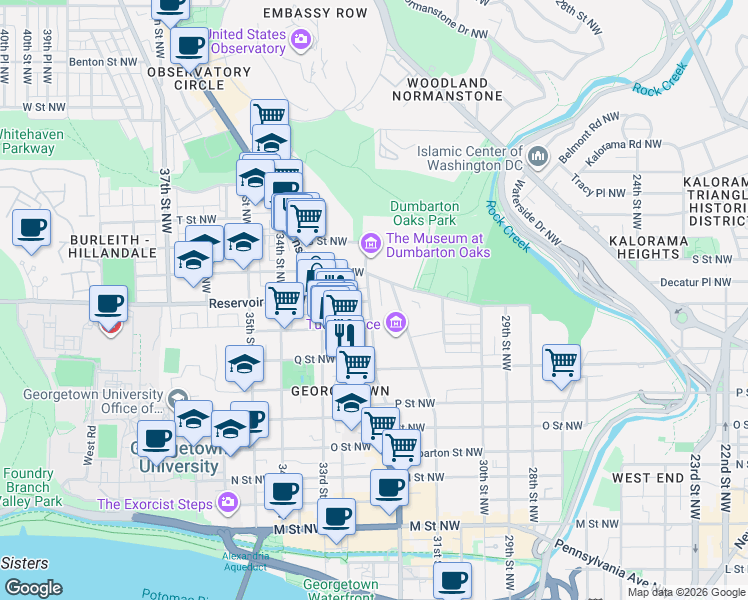 map of restaurants, bars, coffee shops, grocery stores, and more near 1681 32nd Street Northwest in Washington