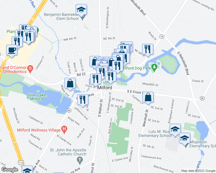 map of restaurants, bars, coffee shops, grocery stores, and more near 11 South East Front Street in Milford