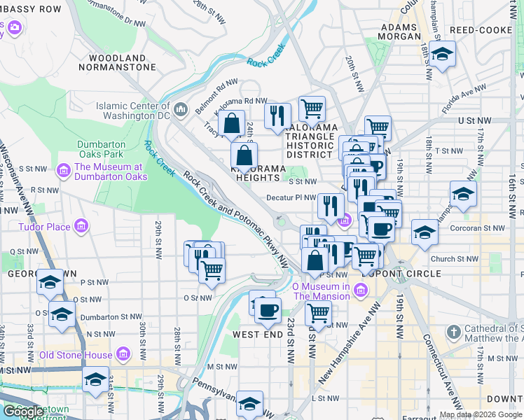 map of restaurants, bars, coffee shops, grocery stores, and more near 2340 Massachusetts Avenue Northwest in Washington