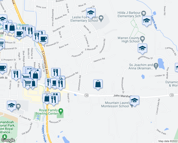 map of restaurants, bars, coffee shops, grocery stores, and more near 116 Gloucester Road in Front Royal