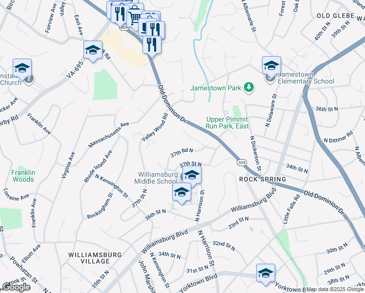 map of restaurants, bars, coffee shops, grocery stores, and more near 5147 37th Road North in Arlington