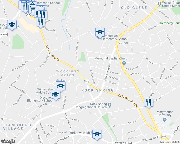 map of restaurants, bars, coffee shops, grocery stores, and more near 3418 North Dickerson Street in Arlington