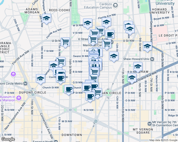 map of restaurants, bars, coffee shops, grocery stores, and more near 1423 R Street Northwest in Washington