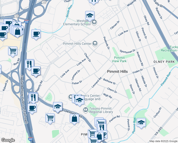 map of restaurants, bars, coffee shops, grocery stores, and more near 1927 Ware Road in Falls Church