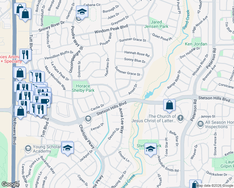 map of restaurants, bars, coffee shops, grocery stores, and more near 5584 Ansel Drive in Colorado Springs