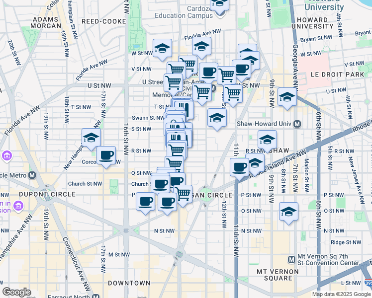 map of restaurants, bars, coffee shops, grocery stores, and more near 1357 R Street Northwest in Washington
