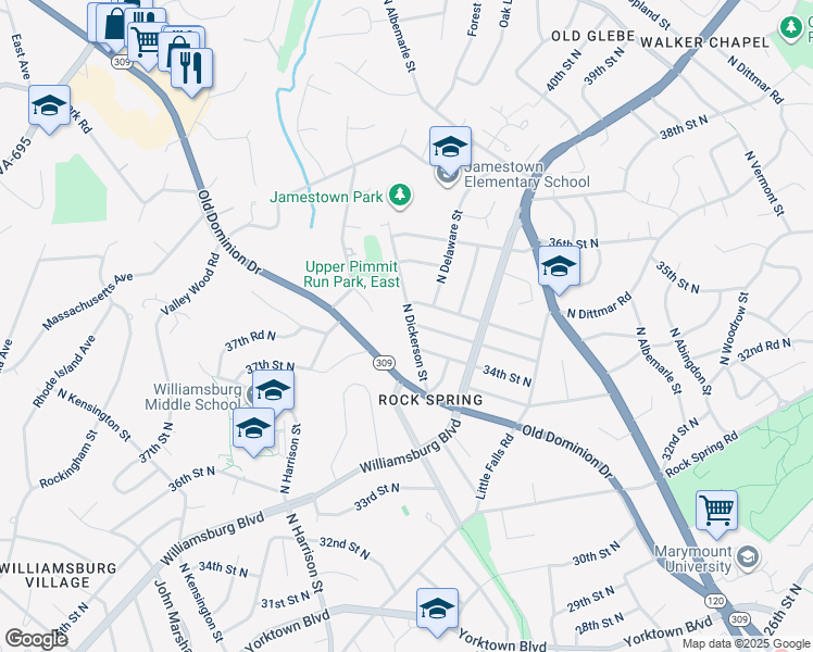 map of restaurants, bars, coffee shops, grocery stores, and more near 3418 North Dickerson Street in Arlington