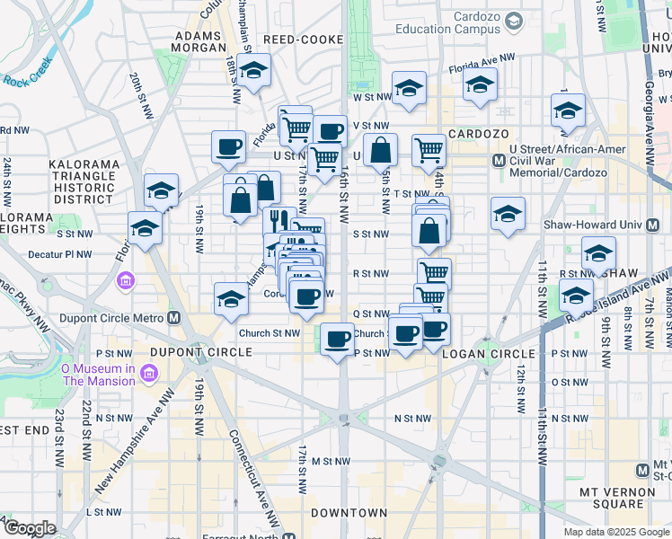 map of restaurants, bars, coffee shops, grocery stores, and more near 1601 R Street Northwest in Washington