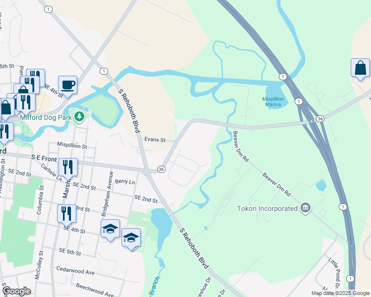 map of restaurants, bars, coffee shops, grocery stores, and more near 22 Delaware 36 in Milford
