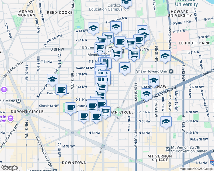map of restaurants, bars, coffee shops, grocery stores, and more near 1357 R Street Northwest in Washington