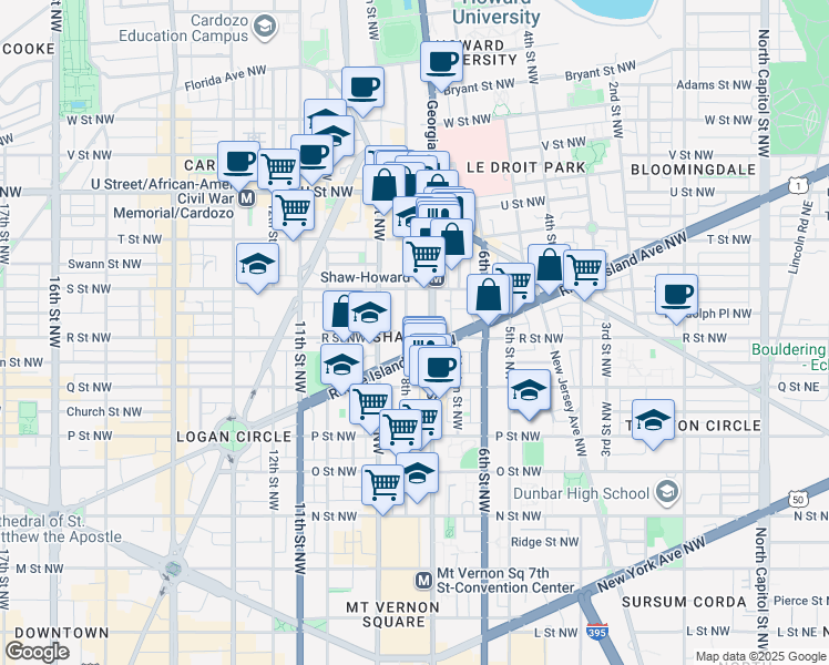map of restaurants, bars, coffee shops, grocery stores, and more near 1701 8th Street Northwest in Washington