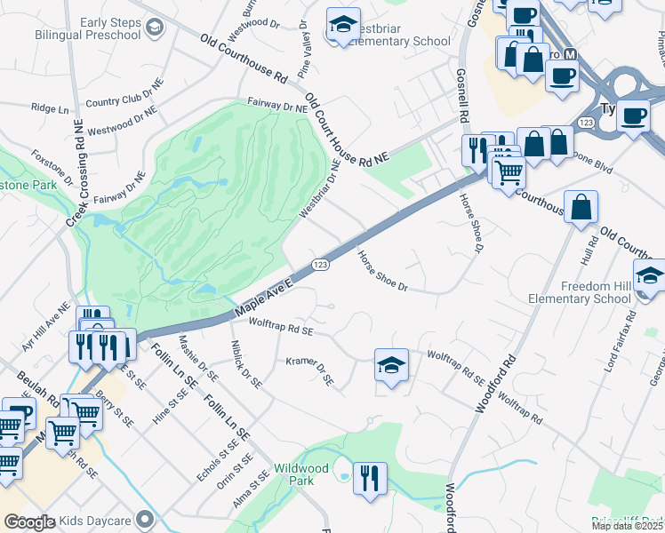 map of restaurants, bars, coffee shops, grocery stores, and more near 2177 Virginia 123 in Tysons