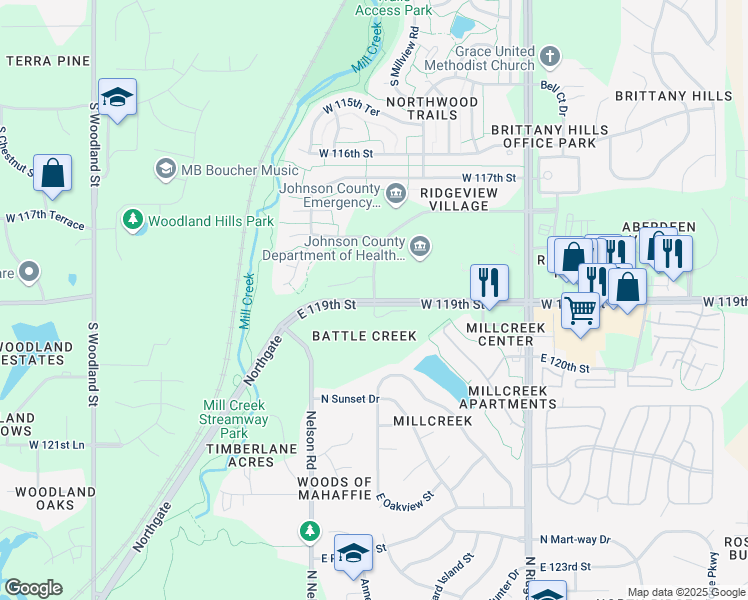 map of restaurants, bars, coffee shops, grocery stores, and more near E 119th St & S Sunset Dr in Olathe