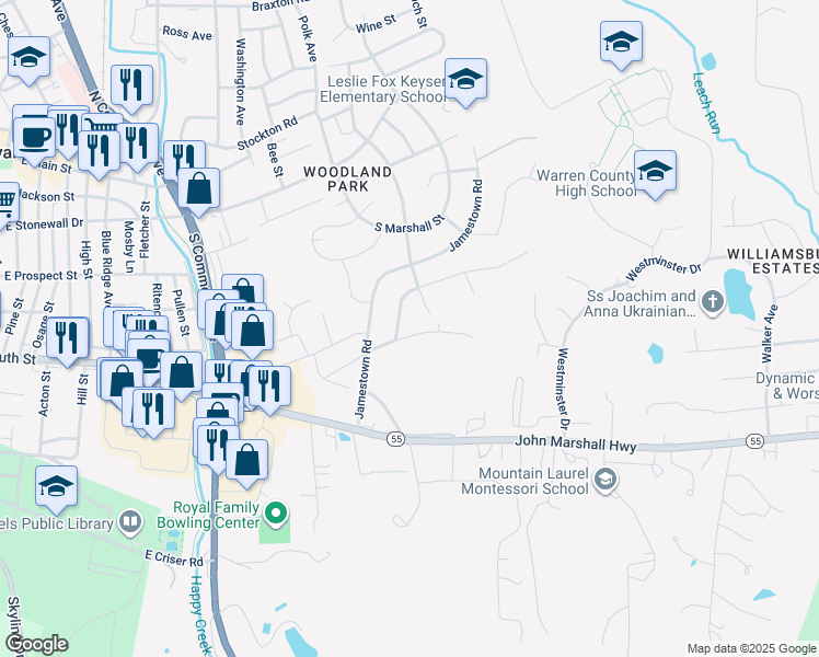 map of restaurants, bars, coffee shops, grocery stores, and more near 116 Gloucester Road in Front Royal
