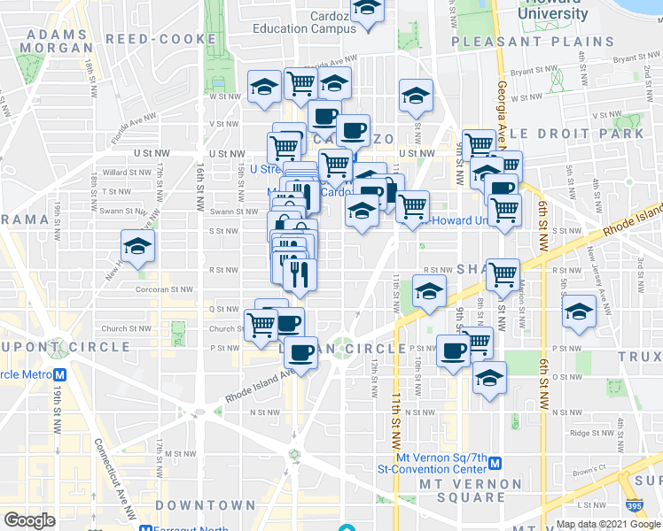 map of restaurants, bars, coffee shops, grocery stores, and more near 1311 R Street Northwest in Washington
